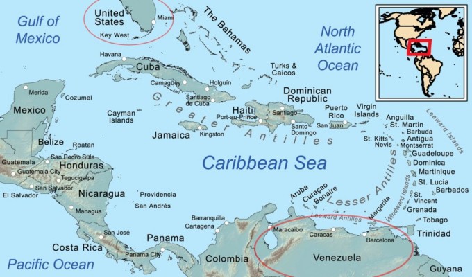 Map of Caribbean showing proximity of Venezuela to the Unites States